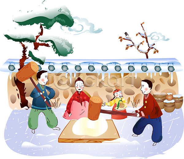 남자 사람 여러명 여자 EPS 일러스트 가족 기와 나무 담장 떡메치기 명절 새해 설날 소나무 야외 주간 한국 한국전통 한복 항아리