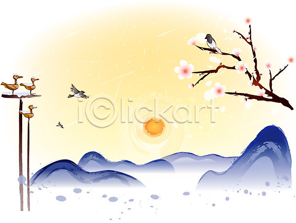 사람없음 EPS 일러스트 까치 매화나무 명절 백그라운드 새해 설날 솟대 야외 일몰 일출 태양 풍경(경치) 하늘 한국 한국전통 해