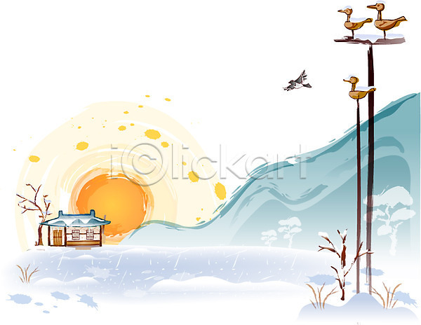 사람없음 EPS 일러스트 고건축 기와집 까치 명절 백그라운드 산 새해 설날 솟대 야외 일몰 일출 풍경(경치) 하늘 한국 한국전통