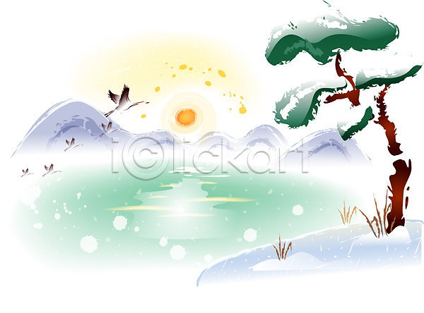 사람없음 EPS 일러스트 명절 백그라운드 새해 설날 소나무 야외 일몰 일출 풍경(경치) 하늘 학 한국 한국전통 호수