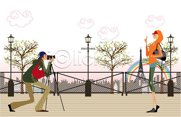 자유 휴식 남자 두명 사람 여자 EPS 일러스트 가로등 공공시설 기념사진 라이프 삼각대 안식처 야외 에펠탑 여행 촬영 취미 카메라 파리(프랑스) 휴가