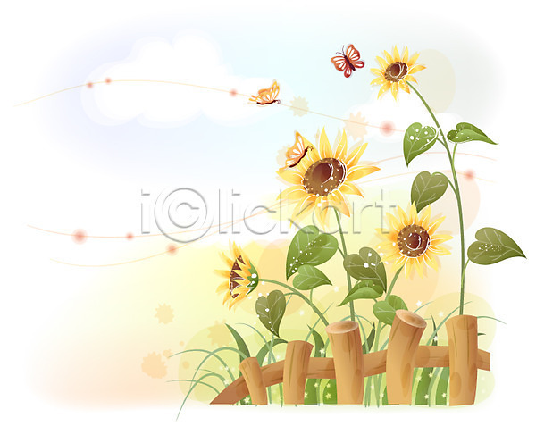 사람없음 EPS 일러스트 템플릿 꽃 꽃백그라운드 나비 백그라운드 식물 여름꽃 울타리 자연 해바라기