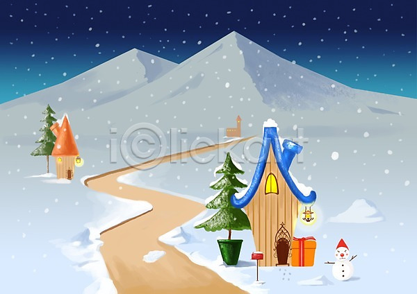 고요 사람없음 PSD 일러스트 겨울 겨울배경 계절 길 눈(날씨) 눈사람 마을 백그라운드 사계절 산 설경 야간 야외 자연 저녁 주택 풍경(경치)