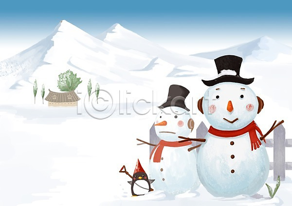 사람없음 PSD 일러스트 겨울 겨울배경 계절 눈(날씨) 눈사람 백그라운드 사계절 산 설경 자연 주택 펭귄 풍경(경치)