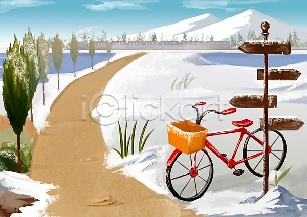 사람없음 PSD 일러스트 가로수 겨울 겨울배경 계절 길 눈(날씨) 백그라운드 사계절 산 야외 자연 자전거 주간 표지판 풍경(경치)