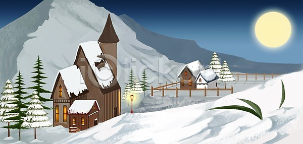 사람없음 PSD 일러스트 건물 겨울 겨울배경 계절 나무 눈(날씨) 마을 백그라운드 보름달 사계절 산 야간 야외 자연 주택 풍경(경치) 하늘