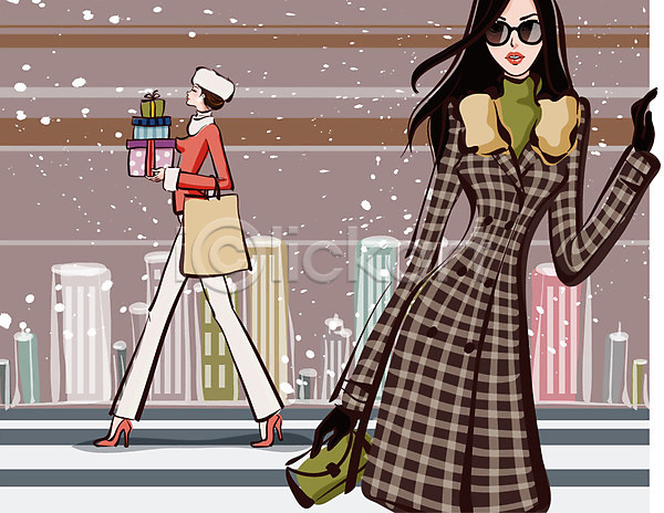 두명 사람 여자 여자만 EPS 일러스트 거리 건물 겨울 계절 눈(날씨) 도시 라이프스타일 빌딩 선물 쇼핑 야외 우먼라이프 패션