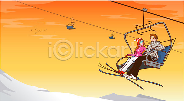 남자 두명 사람 여자 EPS 일러스트 겨울 노을 눈(날씨) 라이프 레저 레포츠 리프트 산 설경 스키 스키장 스포츠 야외 주간 취미 커플