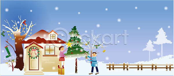 남자 두명 사람 소년 여자 EPS 일러스트 겨울 계절 기념일 나무 눈(날씨) 사탕 선물상자 야간 야외 양말 울타리 전나무 종교 주택 친구 커플 크리스마스 크리스마스트리
