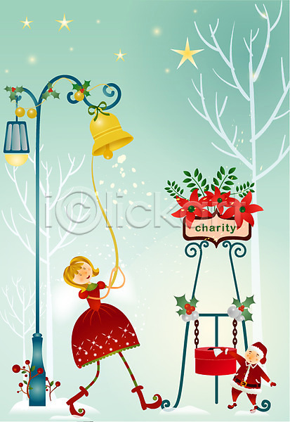 남자 두명 사람 여자 EPS 일러스트 가로등 겨울 계절 공공시설 구세군냄비 기념일 기부 꼬마산타 나무 별 야간 야외 종 종교 크리스마스 크리스마스요정