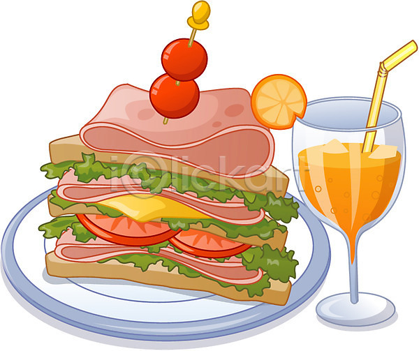 사람없음 EPS 아이콘 큐티아이콘 하이앵글 방울토마토 샌드위치 서양음식 양상추 오렌지 음료 음식 주스 치즈 햄