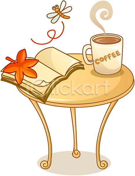 사람없음 EPS 아이콘 큐티아이콘 하이앵글 가을(계절) 간행물 계절 단풍 독서 문구용품 잠자리 책 커피 탁자