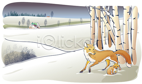 사람없음 EPS 일러스트 겨울 겨울배경 계절 나무 동물 마을 백그라운드 사계절 설경 야간 야외 여우 자연 주택 풍경(경치)