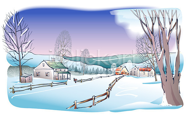 사람없음 EPS 일러스트 겨울 겨울배경 계절 나무 마을 백그라운드 사계절 설경 야외 울타리 자연 주택 풍경(경치) 하늘