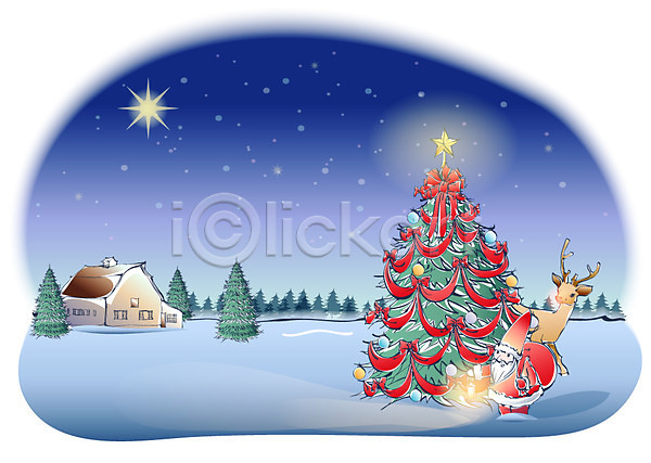 EPS 일러스트 겨울 겨울배경 계절 달 루돌프 마을 백그라운드 별 사계절 산타클로스 설경 야간 야외 자연 주택 크리스마스 크리스마스트리 풍경(경치)