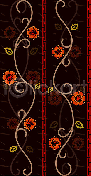 사람없음 EPS 일러스트 꽃 당초문 무늬 백그라운드 식물 잎 전통문양 주황색 줄기 컬러 패턴 한국 한국문화 한국전통
