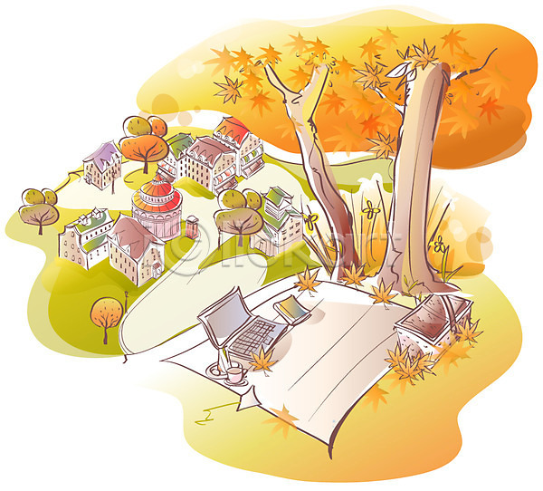 사람없음 EPS 일러스트 가을(계절) 가을배경 가을풍경 건물 계절 노트북 단풍나무 돗자리 마을 백그라운드 사계절 소풍 야외 자연 주간 풍경(경치) 해외풍경