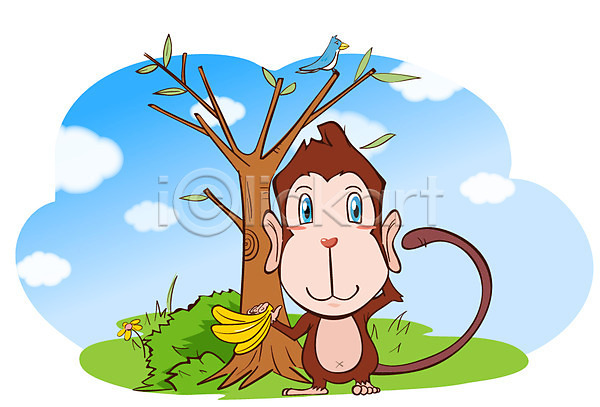 사람없음 EPS 일러스트 구름(자연) 나무 동물 동물캐릭터 먹이 바나나 애니멀프린트 야외 원숭이 원숭이캐릭터 육지동물 주간 척추동물 캐릭터 포유류 하늘 한마리