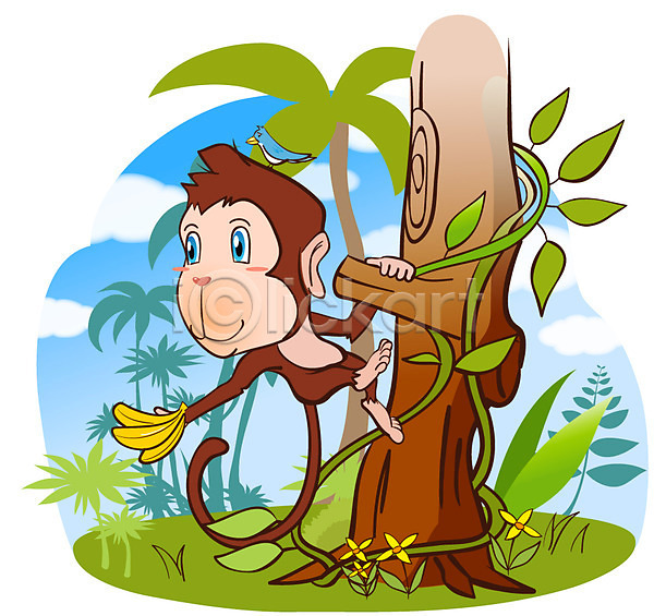 사람없음 EPS 일러스트 나무 동물 동물캐릭터 바나나 식물 애니멀프린트 야외 원숭이 원숭이캐릭터 육지동물 주간 척추동물 캐릭터 포유류 한마리