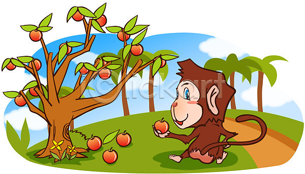 사람없음 EPS 일러스트 과일 길 동물 동물캐릭터 사과(과일) 사과나무 애니멀프린트 야외 열매 원숭이 원숭이캐릭터 육지동물 주간 척추동물 캐릭터 포유류 한마리