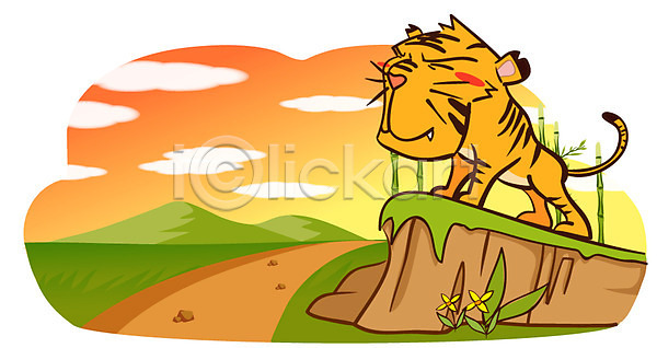 사람없음 EPS 일러스트 구름(자연) 길 동물 동물캐릭터 애니멀프린트 야외 언덕 열대우림 육지동물 주간 척추동물 캐릭터 포유류 한마리 호랑이 호랑이캐릭터