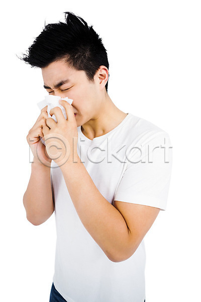 20대 남자 한명 JPG 포토 해외이미지 감염 바이러스 서기 실내 알레르기 질병 치료 티셔츠 표현 해외202004 흰배경 흰색