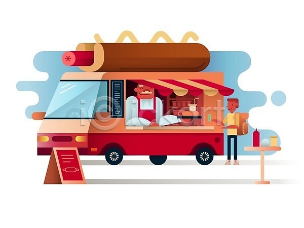 남자 남자만 두명 성인 EPS 일러스트 해외이미지 거리 그래픽 디자인 백그라운드 상품 서비스 소시지 식당 식사 오브젝트 육류 음식 트레일러 푸드트럭 프랑크푸르트 플랫 핫도그 해외202004