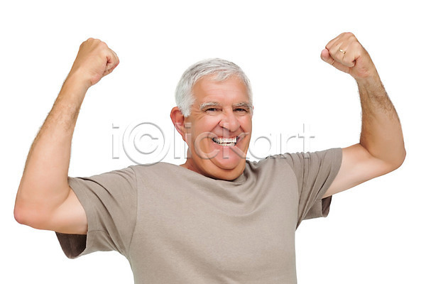성공 행복 60대 남자 백인 성인 한명 JPG 포토 해외이미지 건강 관리 미소(표정) 응원 티셔츠 팔 포즈 해외202004 흰배경