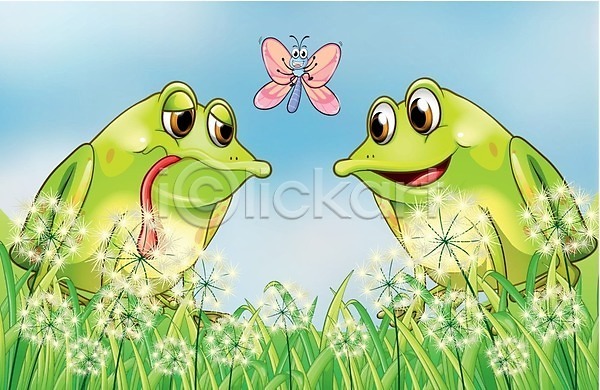 사람없음 EPS 일러스트 해외이미지 개구리 나비 미소(표정) 민들레홀씨 식물 잎 정원 해외202004