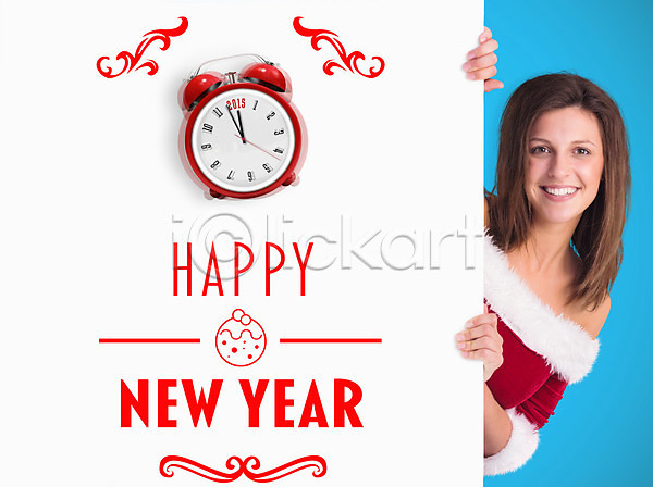 축하 행복 10대 백인 여자 한명 JPG 포토 해외이미지 갈색머리 디자인 디지털 미소(표정) 보여주기 빨간색 새해 시간 옷 응시 자명종 잡기 축제 컴퓨터그래픽 파란색 포스터 포즈 해외202004 해피뉴이어 흰색