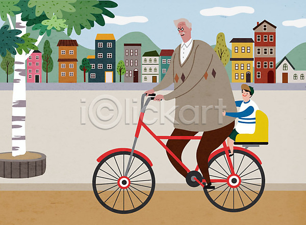 즐거움 남자 남자만 노년 두명 사람 어린이 AI(파일형식) 일러스트 거리 손자 승차 실버라이프 운전 자전거 전신 주택 할아버지