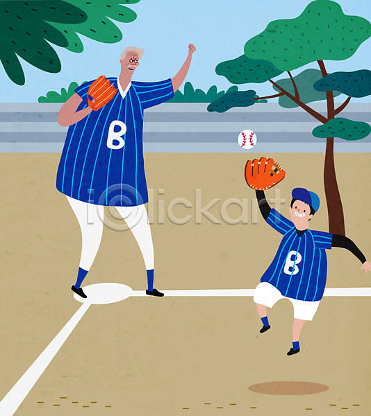 남자 남자만 노년 두명 사람 어린이 AI(파일형식) 일러스트 공원 손자 실버라이프 야구 야구공 야구글러브 야구복 전신 점프 할아버지