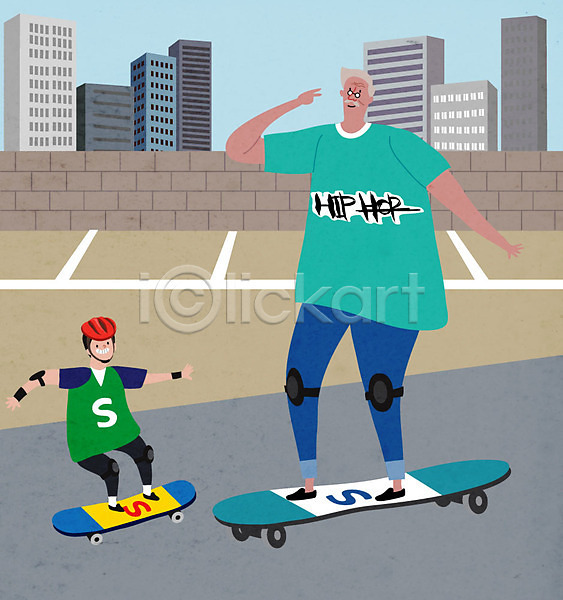 남자 남자만 노년 두명 사람 어린이 AI(파일형식) 일러스트 공원 무릎보호대 손자 스케이트보드 실버라이프 전신 하늘색 할아버지 헬멧
