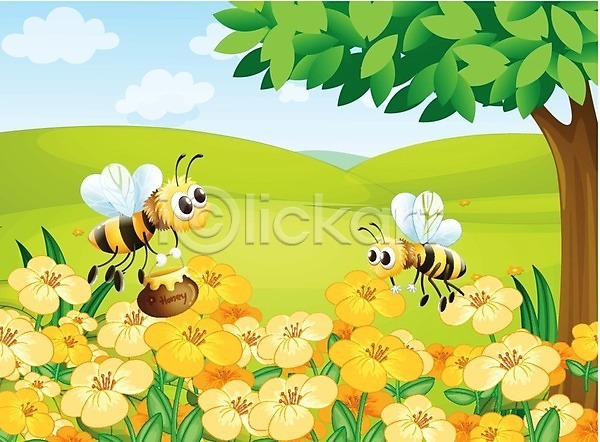 사람없음 EPS 일러스트 해외이미지 꽃 꿀 꿀단지 꿀벌 나무 두마리 들기 무료이미지 벌(곤충) 초록색 캐릭터 해외202004