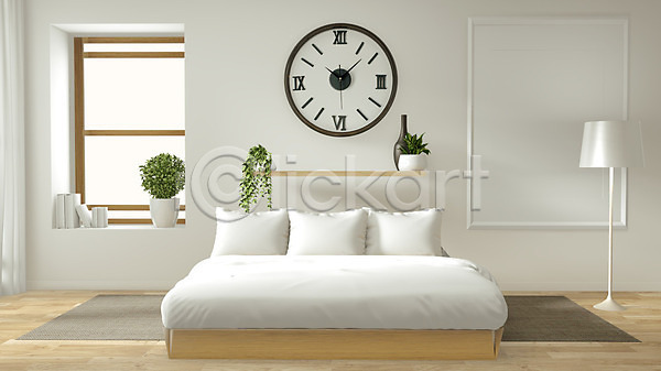 깨끗함 사람없음 3D JPG 일러스트 해외이미지 나무바닥 모던 선반 스탠드 시계 심플 안방 창문 책 침대 카펫 화분 화초 흰색