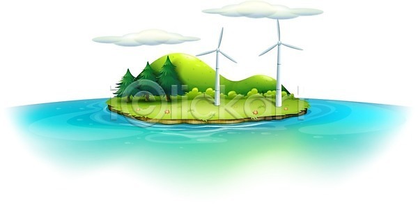 사람없음 EPS 일러스트 해외이미지 구름(자연) 나무 무료이미지 바다 섬 파란색 풍력에너지 하늘 해외202004