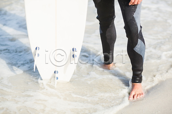 30대 남자 백인 사람 성인 성인남자한명만 한명 JPG 포토 해외이미지 라이프스타일 맑음 맨발 모래 바다 서기 서퍼 서핑 서핑보드 수상스포츠 야외 여름(계절) 여행 파도 해외202004 휴가