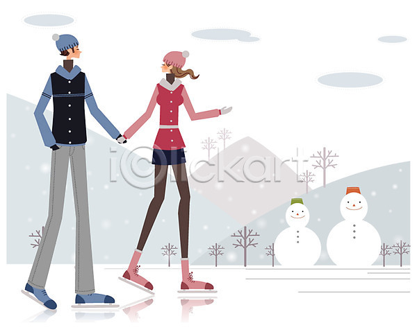 휴식 20대 30대 남자 두명 사람 성인만 여자 EPS 일러스트 겨울 계절 구름(자연) 눈(날씨) 눈사람 데이트 라이프 라이프스타일 빙판 산 스케이트 스포츠 야외 주간 취미 커플 털모자