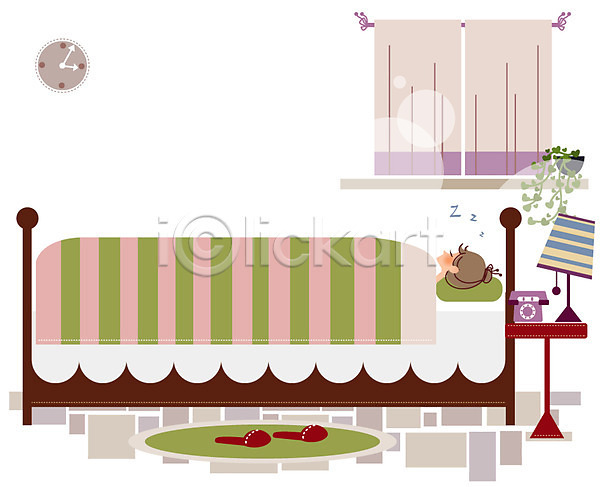 휴식 20대 30대 사람 성인 성인만 성인여자만 여자 여자만 여자한명만 한명 EPS 일러스트 국내일러스트 라이프 라이프스타일 베개 수면 스탠드 슬리퍼 시계 우먼라이프 이불 잠 전화기 취미 침대 커튼 탁자