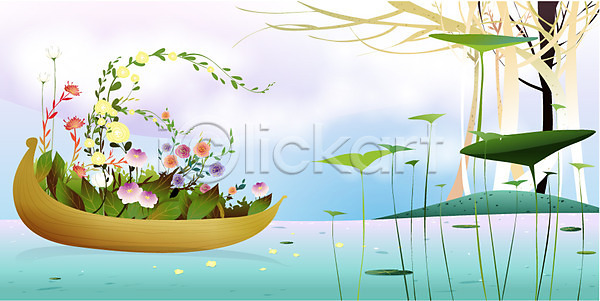 사람없음 EPS 일러스트 계절 꽃 나뭇잎 배(교통) 백그라운드 봄 봄배경 사계절 연꽃(꽃) 연잎 자연 풍경(경치) 호수