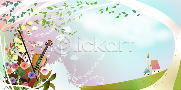 사람없음 EPS 일러스트 가시 계절 꽃 나무 덩굴 마을 바이올린 백그라운드 봄 사계절 악기 야외 언덕 음악 자연 주간 주택 현악기