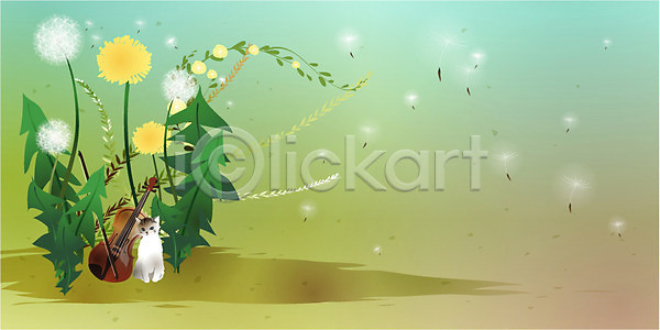 사람없음 EPS 일러스트 계절 고양이 꽃 민들레 민들레홀씨 바이올린 백그라운드 봄 사계절 식물 씨앗 자연 현악기