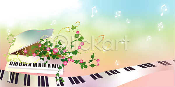 사람없음 EPS 일러스트 건반 건반악기 계절 꽃 덩굴 백그라운드 봄 사계절 악기 음악 음표 자연 장미 피아노(악기)