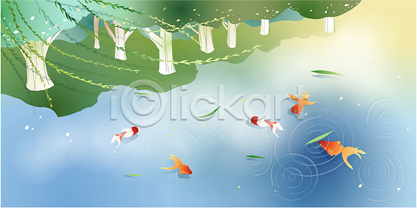 사람없음 EPS 일러스트 계절 관상어 금붕어 나무 날씨 동물 맑음 물 반사 백그라운드 버드나무 사계절 야외 어류 여름(계절) 연못 잎 자연 척추동물 호수