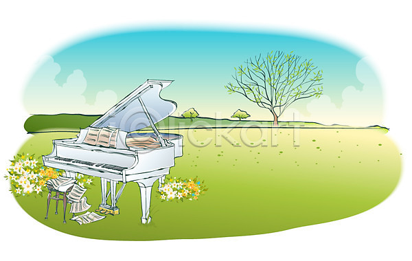 사람없음 EPS 일러스트 건반 건반악기 계절 꽃 나무 마을 백그라운드 봄 봄배경 사계절 악기 악보 야외 자연 주간 풍경(경치) 피아노(악기) 해외풍경