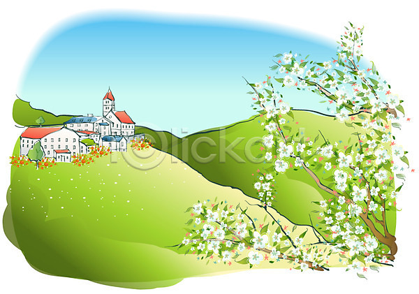 사람없음 EPS 일러스트 계절 꽃 나무 마을 백그라운드 봄 봄배경 사계절 야외 언덕 자연 주간 주택 풍경(경치) 해외풍경