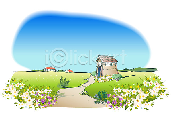 사람없음 EPS 일러스트 계절 괭이꽃 길 꽃 마을 백그라운드 봄 봄배경 사계절 야외 자연 주간 주택 풍경(경치) 해외풍경