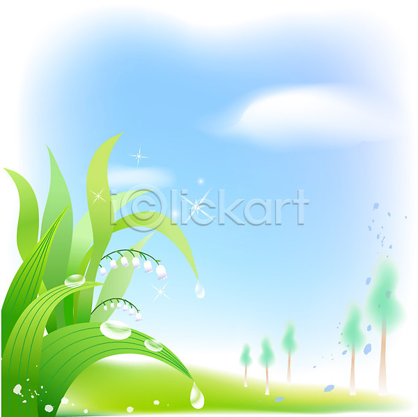 깨끗함 사람없음 EPS 일러스트 계절 곡우 구름(자연) 꽃 나무 물방울 백그라운드 봄 봄배경 사계절 식물 야외 은방울꽃 이슬 자연 절기 주간 풀잎 풍경(경치) 하늘