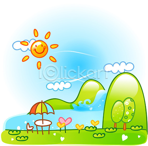 귀여움 시원함 사람없음 EPS 일러스트 계곡 계절 구름(자연) 나무 물 미소(표정) 백그라운드 사계절 산 식물 야외 여름(계절) 웃음 의자 자연 주간 탁자 태양 파라솔 폭포 풍경(경치) 하늘 하트 해