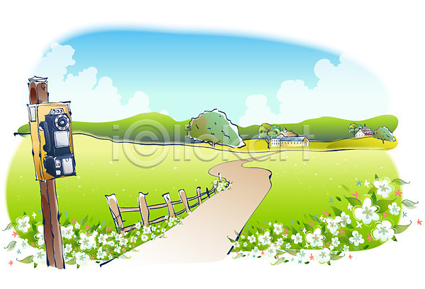사람없음 EPS 일러스트 계절 공중전화 구름(자연) 길 꽃 마을 백그라운드 사계절 야외 여름(계절) 울타리 자연 주간 풍경(경치) 하늘 해외풍경
